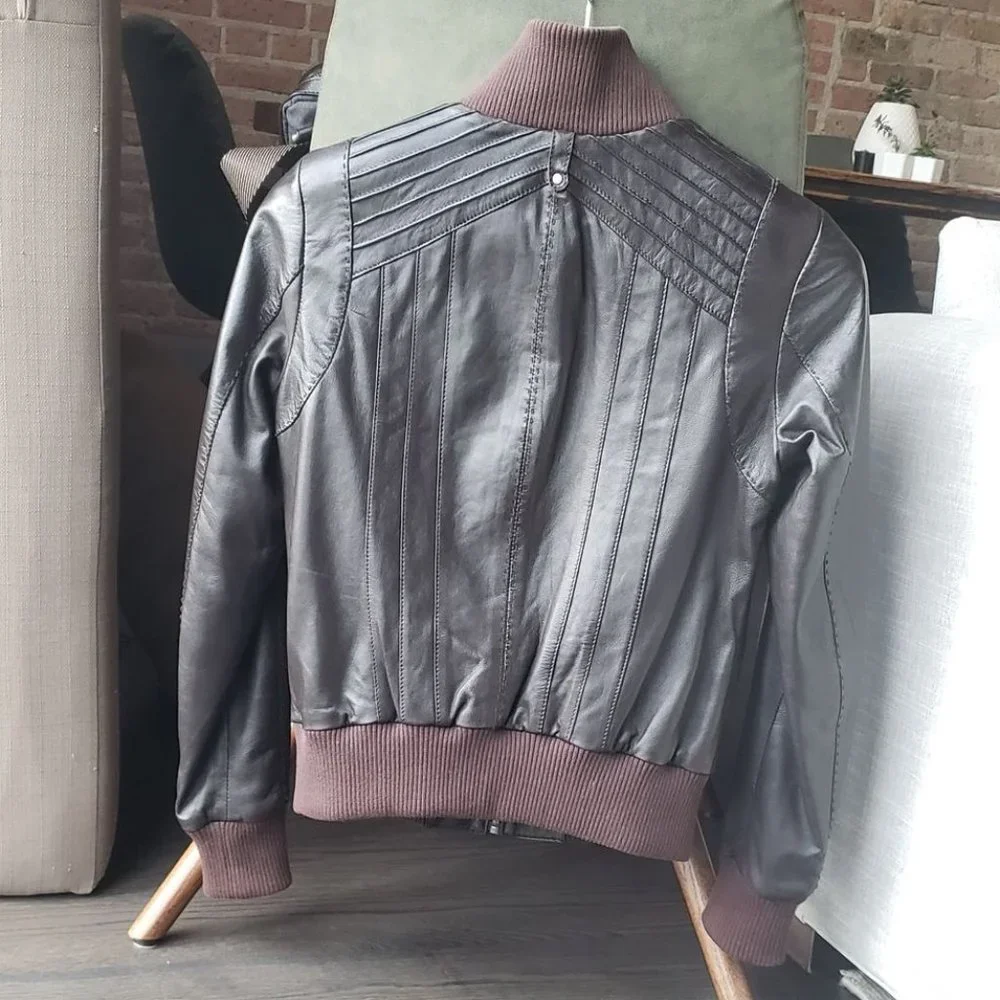 Brown leather bomber jacket - Picture 3 of 5